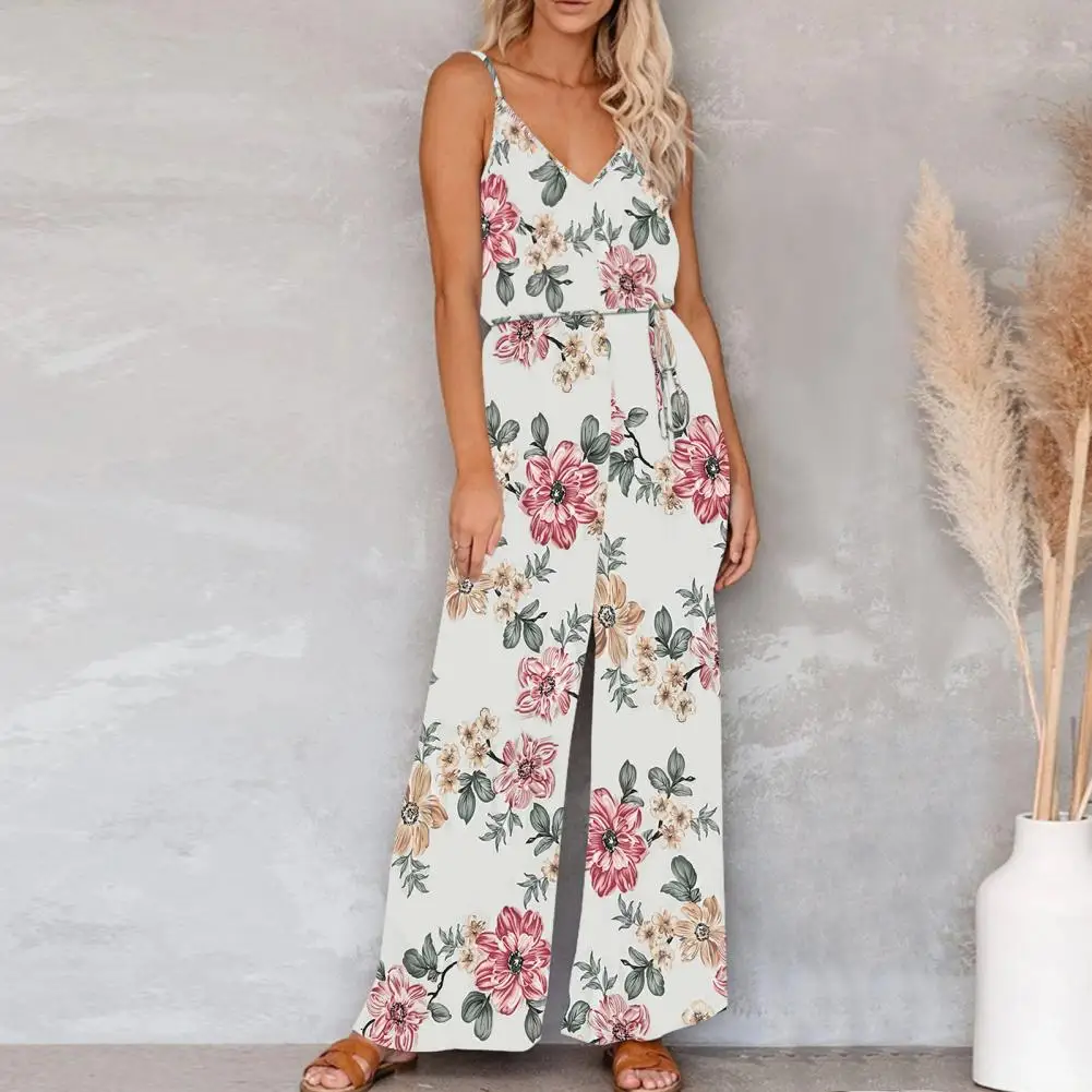 

Sleeveless Women Romper Deep V Neck Loose Type Comfortable No Constraint Beach Style Spaghetti Strap Wide Leg Summer Jumpsuit
