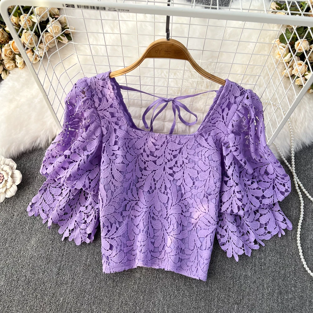 

Retro Court Style Temperament Square Collar Bubble Short Sleeve Hook Flower Hollow Water Soluble Lace Shirt Female Foreign Style