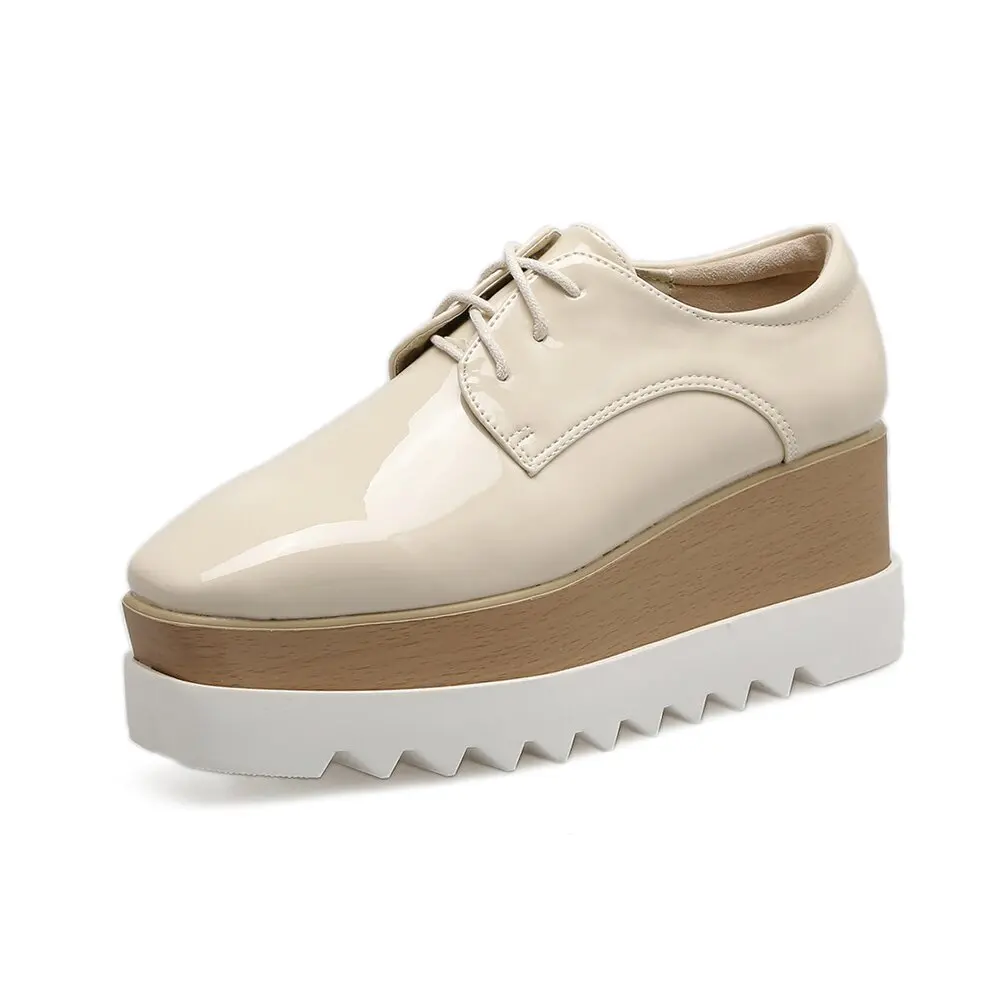 In The Spring And Autumn Of 2023, The New Patent Leather Square Head Lace-Up With Thick Bottom Increased Casual Shoes For Women.