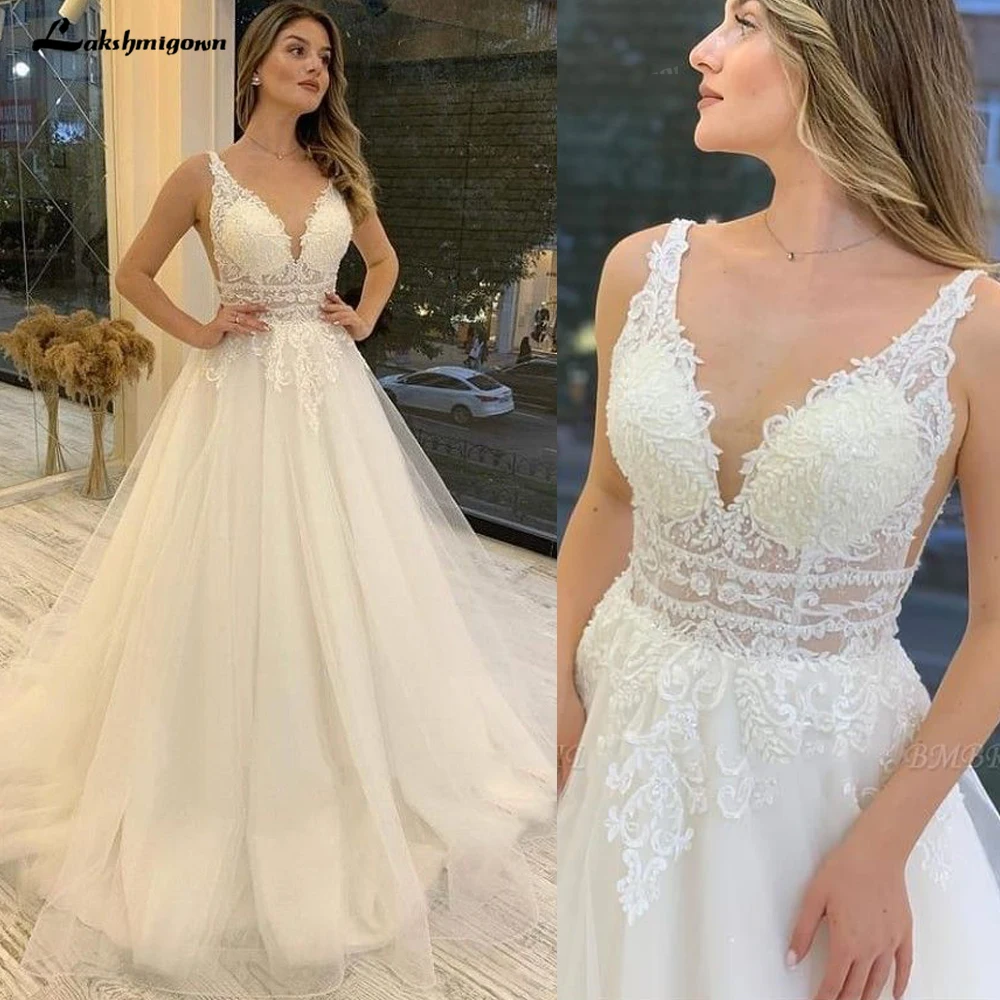 

Gorgeous V-Neck Tulle Wedding Dress Sleeveless Bohemian Wedding Dress Lace Beaded Bridal Sexy Wedding Gowns Vestidos Noivas
