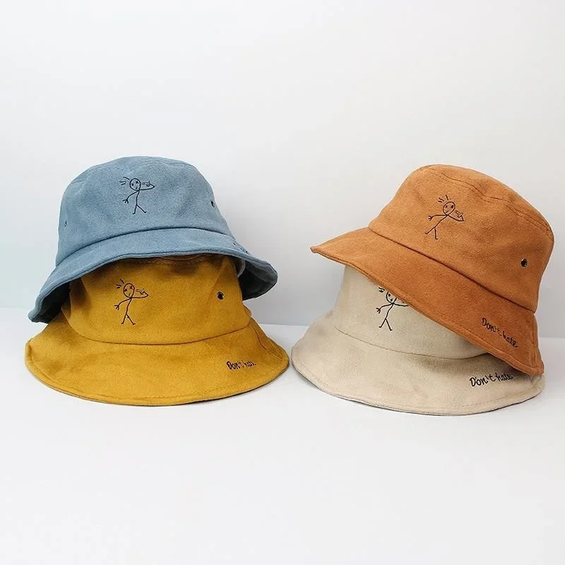 

New Women's Fashion Sunscreen Suede Embroidery Bucket Fisherman Hat Korean Cotton Cap Travel Sun Prevent Hats Sun Prevent