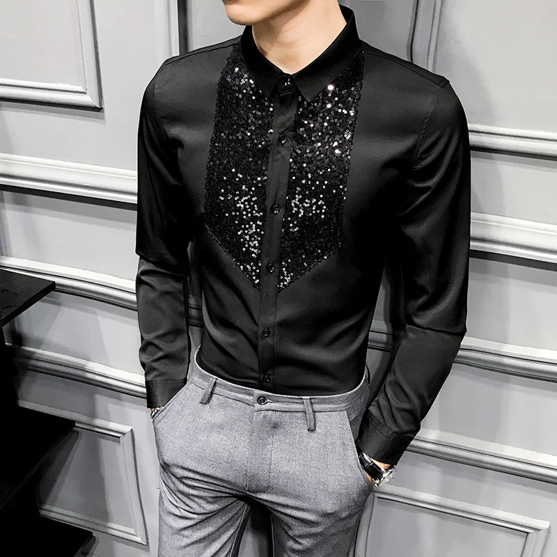 

Sequins Tuxedo Shirts Men Long Sleeve Camisa Masculina 2020 Black White Casual Slim Fit Men Dress Shirts Streetwear Social Tops