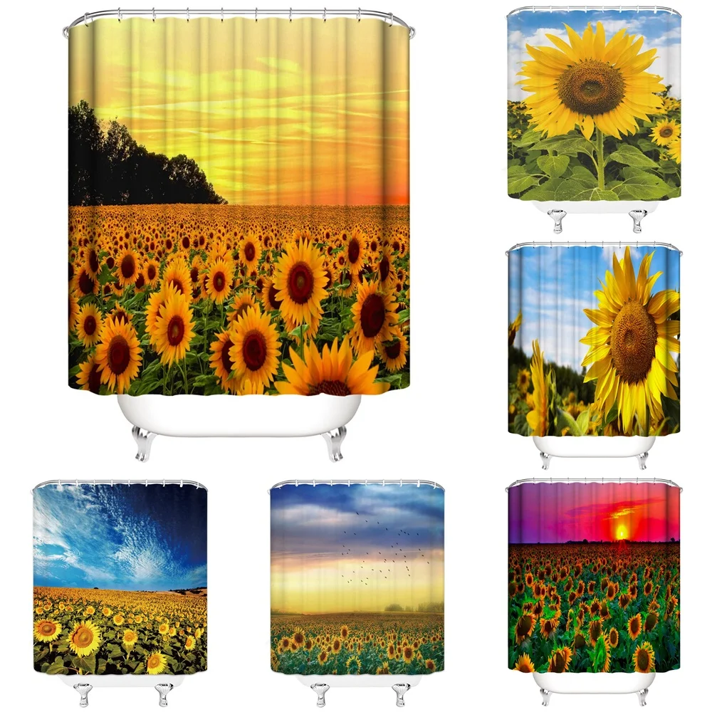 

Sunflower Shower Curtain Decor Nature Rural Plant Green Leaf Cloud Sunset Summer Scenery Yellow Floral Fabric Bath Curtains Home