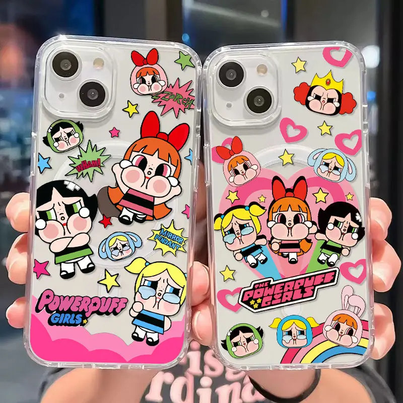 Cute Magsafe Magnetic Phone Case for P-Powerpuffs Girls iPhone 16 15 14 13 12 11 8 7 Plus Pro Max X XR XSMax Soft Clear Cover