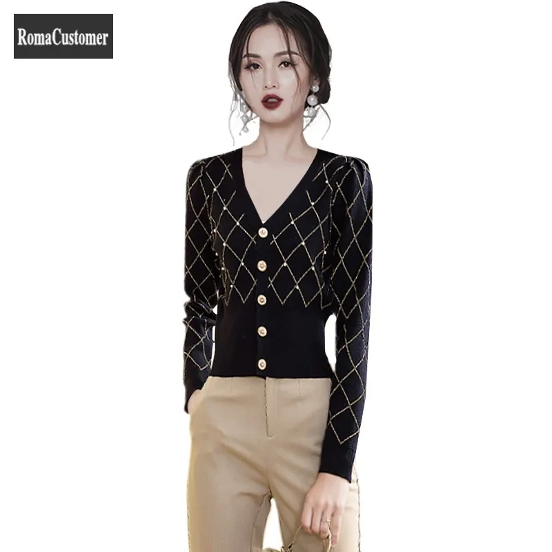 

Short Fashion Womens Knitting Sweater Jackets Spring New Slim Hit Color Casual Trend Fashion Single Breasted V-Neck Blouse