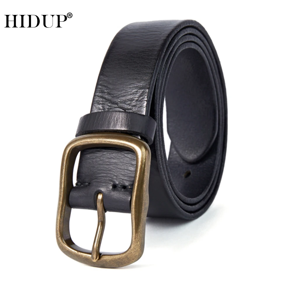 HIDUP Mens 38mm Wide Top Quality Cow Leather Belt Real 100% Pure Cowskin Fashion Design Casual Style Pin Buckle Metal Belts Male