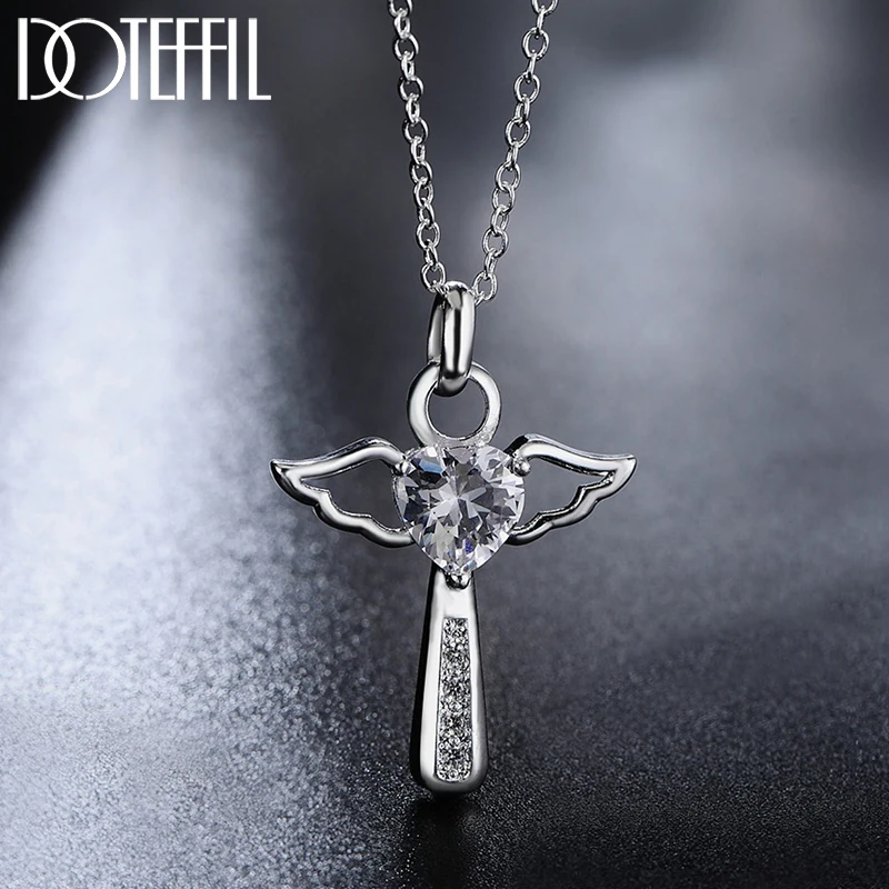 

DOTEFFIL 925 Sterling Silver 18 Inch Chain Purple/White AAA Zircon Cross Heart Necklace For Women Fashion Wedding Charm Jewelry