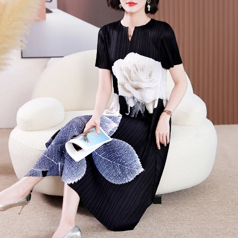 

Miyake Style Pleated Dress for Women 2023 Summer Fashion Print Round Neck Loose Plus Size Casual A- Line Luxury Evening Dresses