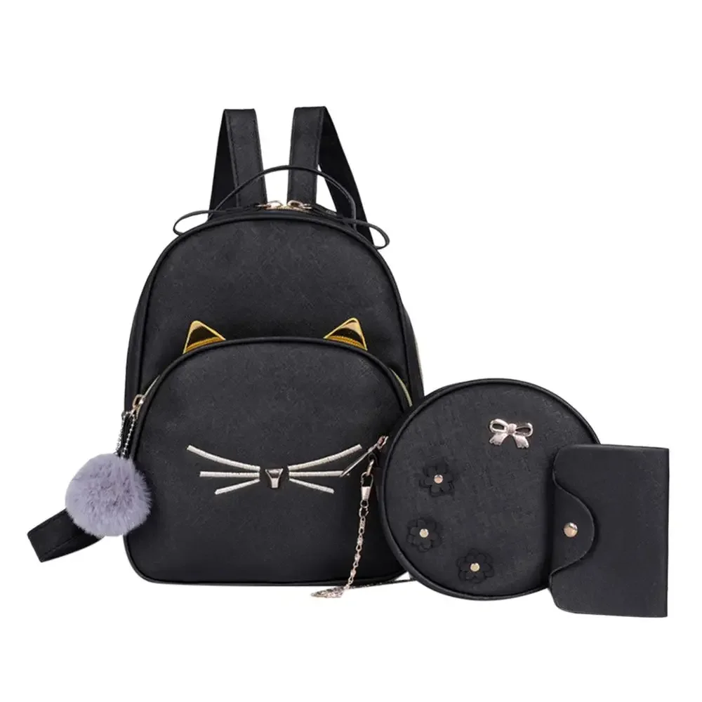 

Travel Backpack Women Rucksack Teenagers 2023 Student hool Bags for Girls Cartoon Cat PU Leather Satchel Black Shoulder Bag