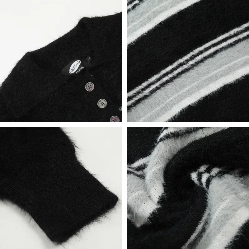 2024 Autumn New Trendy Brand Casual Angora Knitted Top Men Women Loose Fit Versatile Sweater Lapel Stripe Design Fashion