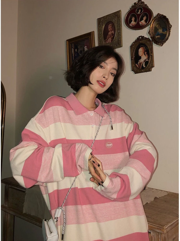 

Deeptown Pink Striped Tshirts Women Harajuku Korean Fashion Oversize Long Sleeve T Shirts Kawaii Preppy Style Basic Tees