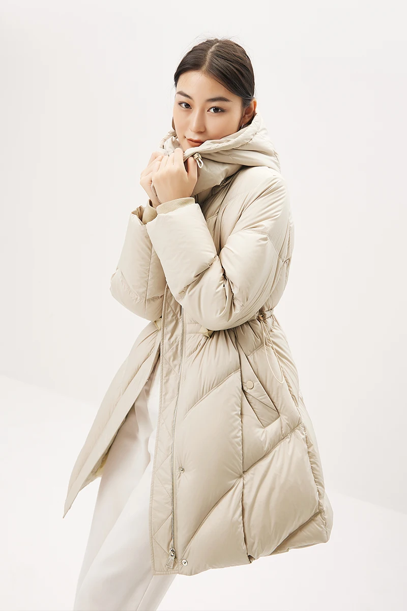 Fashion Design 90% White Goose Down Coats Women Streetwear  Autumn/Winter  Slim  Hat Detachable  Zipper Long Women Jacket