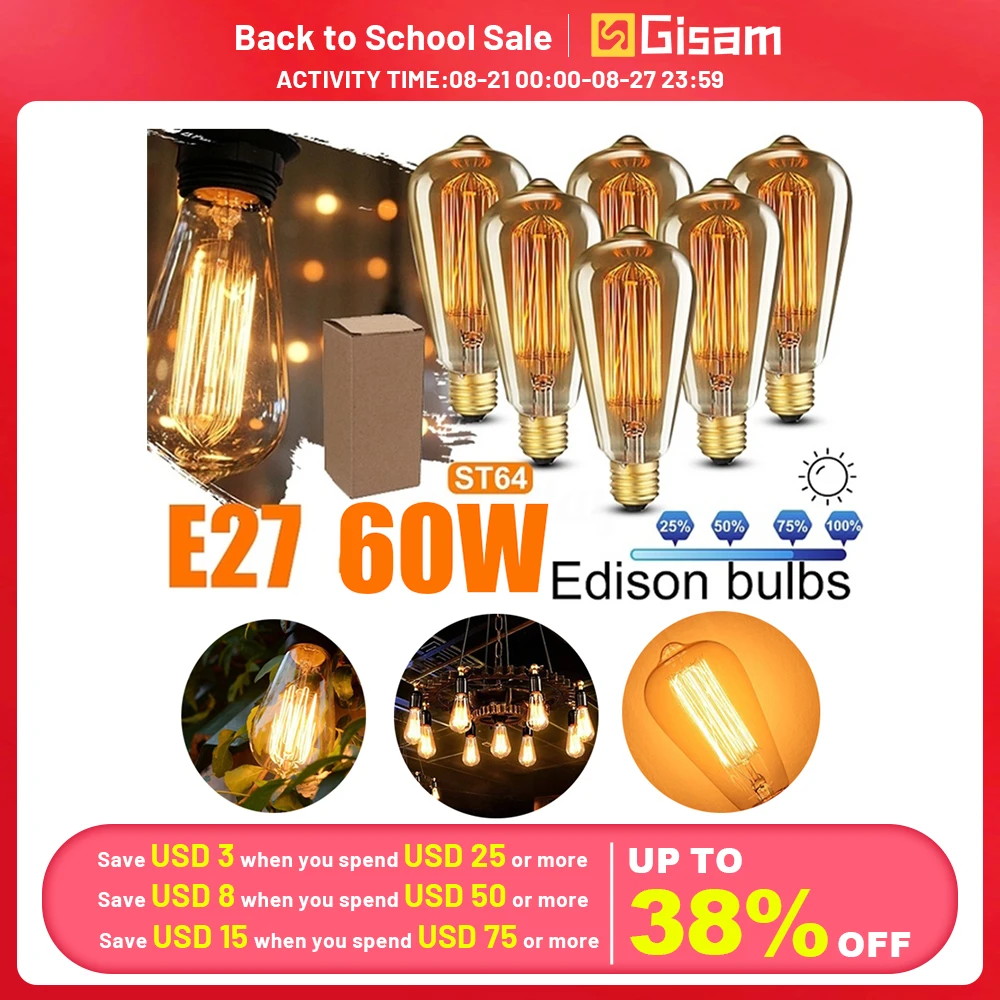 3-12Pcs 60W Retro Edison Bulb Tungsten Lamp E27 110V/220V Light Bulb ST64 Filament Vintage Ampoule Lamp Decorative Lighting
