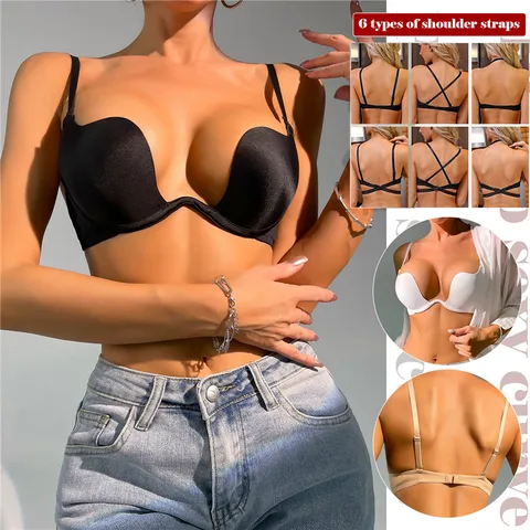 Sexy Push Up Bra For Women Backless Bras Low Cut Plunge Brassiere Open Back Wedding Underwear Invisible Seamless Deep U Lingerie