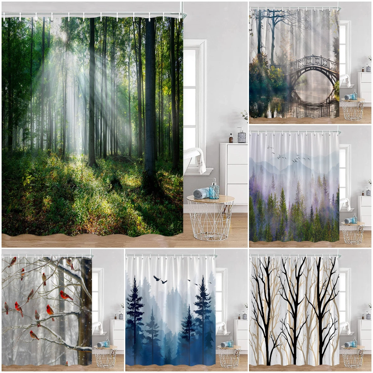 Лесная душевая занавеска декоративный шторка для ванной комнаты акварель