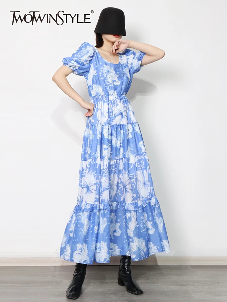 

TWOTWINSTYLE Casual Print Colorblock Dress For Women Round Neck Short Sleeve High Waist Ankle Length Dresses Female Clothing New
