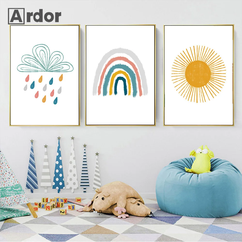 

Cartoon Rainbow Art Prints Sun Canvas Painting Cloud Raindrop Poster Nordic Nursery Wall Pictures Kids Girl Bedroom Home Decor