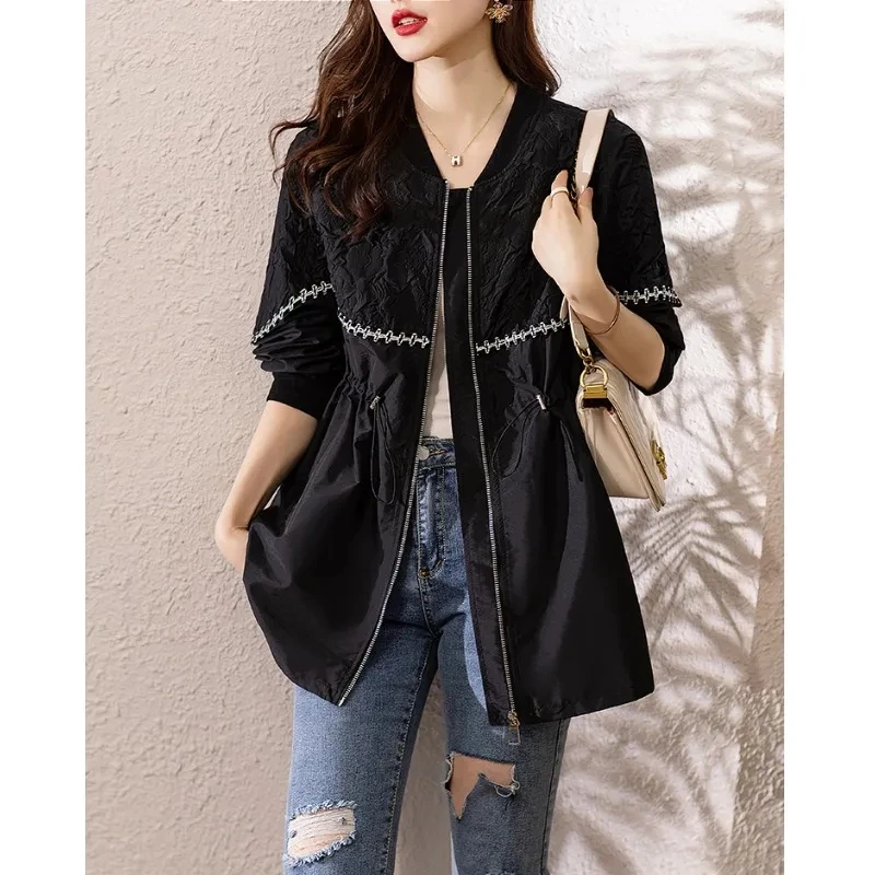 

Black Windbreaker Women Spring Autumn Coats 2023 New Female Drawstring Slim Waist Loose Casual Trench Coat JACKET TOP