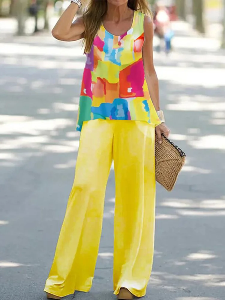 

Summer Women Tropical Print Round Neck Sleeveless Tank Top & Wide Leg Pants Set 2023 Office Lady Causal New Party Sets