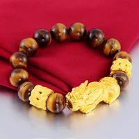 original 24k gold plated pixiu fengshui bracelet for men woman gifts real tigers eye beads lucky bangle bracelets jewelry gifts