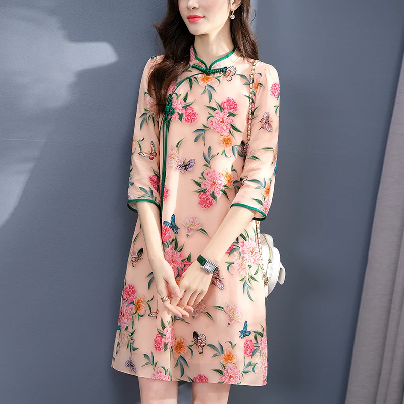 Chinese Style Women's Vintage Dresses 2023 Spring Summer Three Quarter Sleeve Floral Dress A-line 100% Real Silk Print Dress