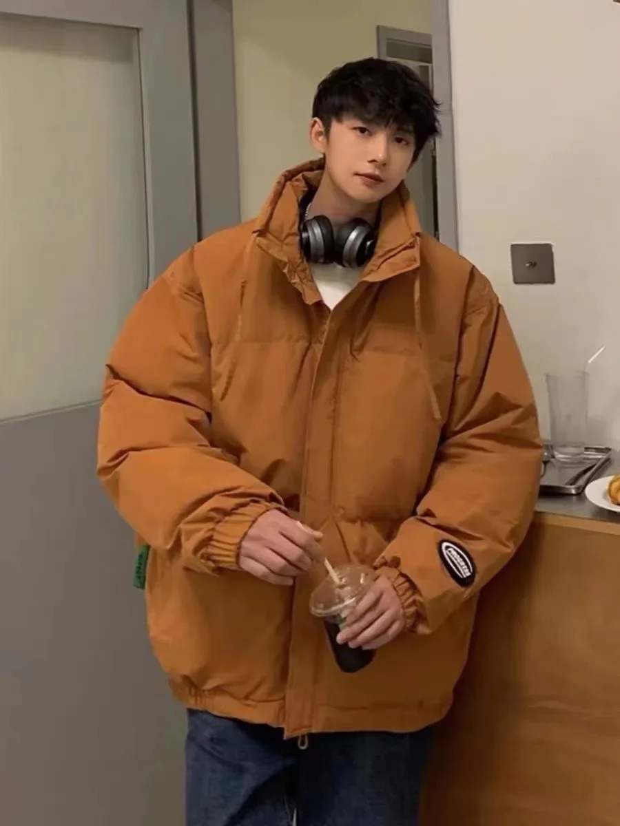 2023 Winter New Men's Cotton Coat Jacket Loose Fit Trendy Casual Versatile Couple's Outerwear Hong Kong Style Solid Color Stand