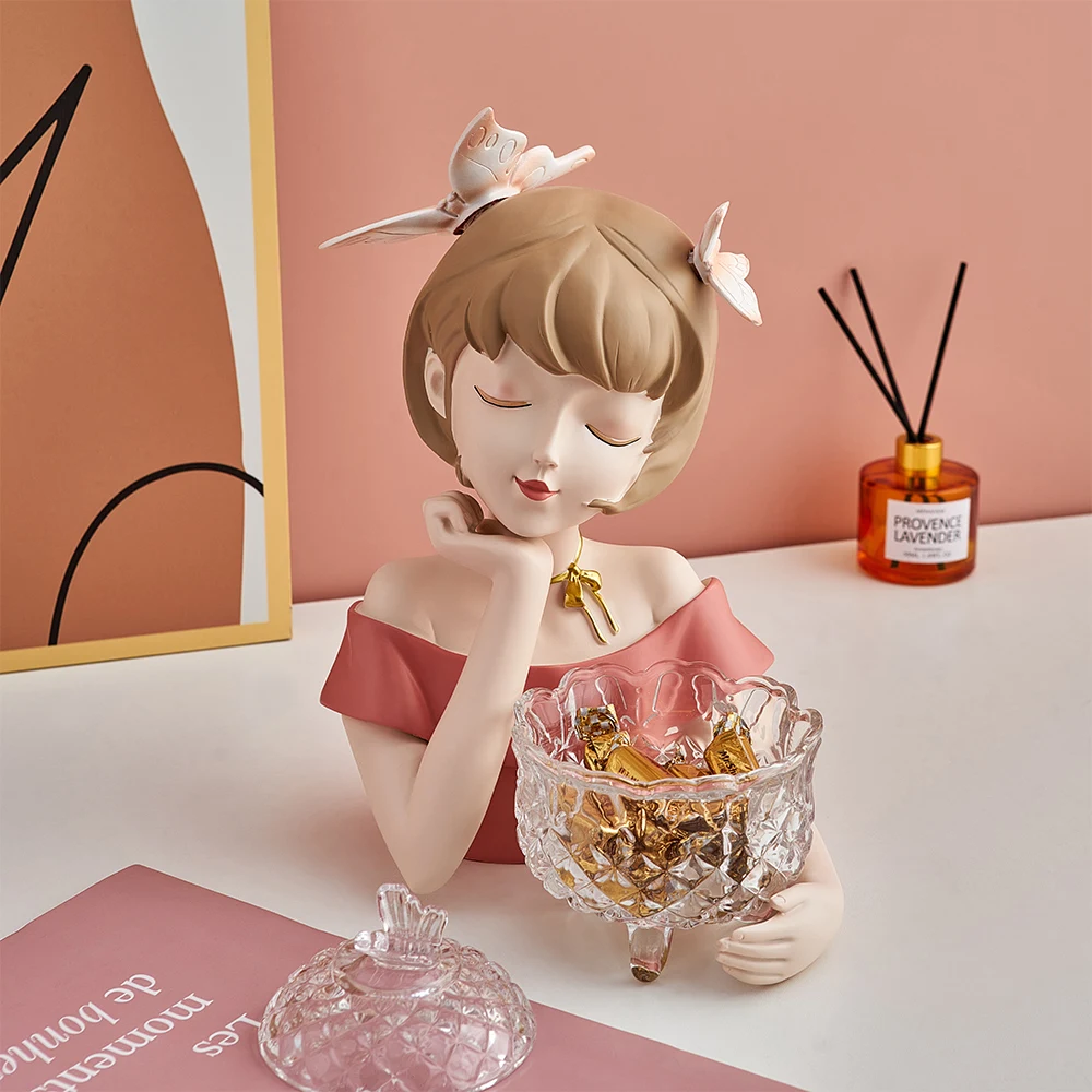 

Girl Sculpture Creative Glass Candy Jar Resin Statue Home Decoration Living Room Decor Desk Accessories Christmas Decoration