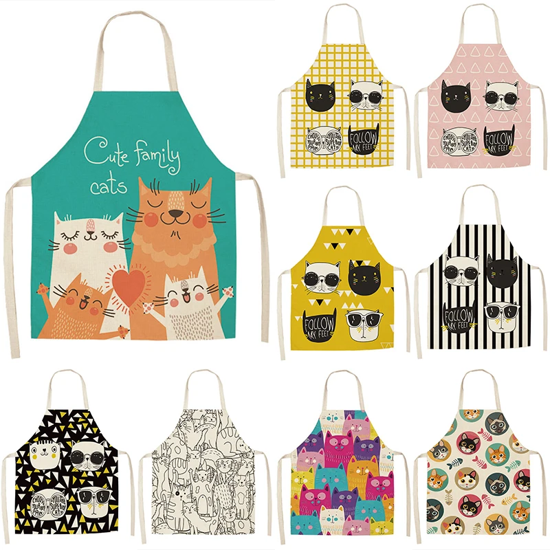 

1Pcs Lovely Cartoon Cats Kitchen Aprons 53*65cm for Women Cotton Linen Bibs Household Cleaning Pinafore Home Cooking Apron 46306