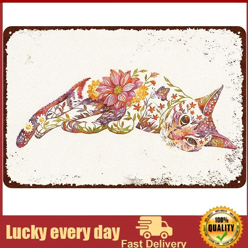 

Vintage Cat Tin Signs - Watercolor Cat Wall Sign with Grass Flower Butterfly- Retro Wall Decor Metel Decorative Signs metal