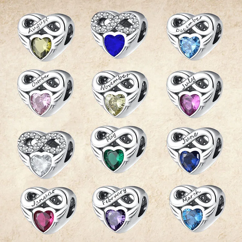 

BAMELA 925 Silver Month Charms Heart Shaped Birthday Sterling Bead Color Zircon Pendant For Pandora Original Bracelet Jewelry