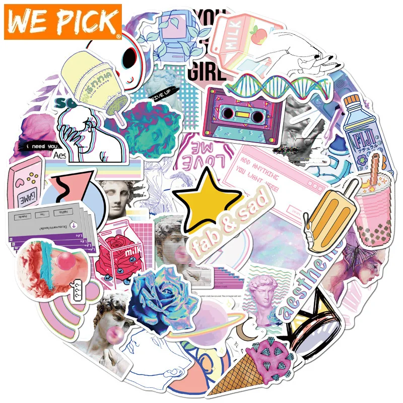 

10/30/50PCS Cute Psychedelic Steam Wave Style Sticker VSCO Girl Sticker Literary Laptop Graffiti Sticker Wholesale