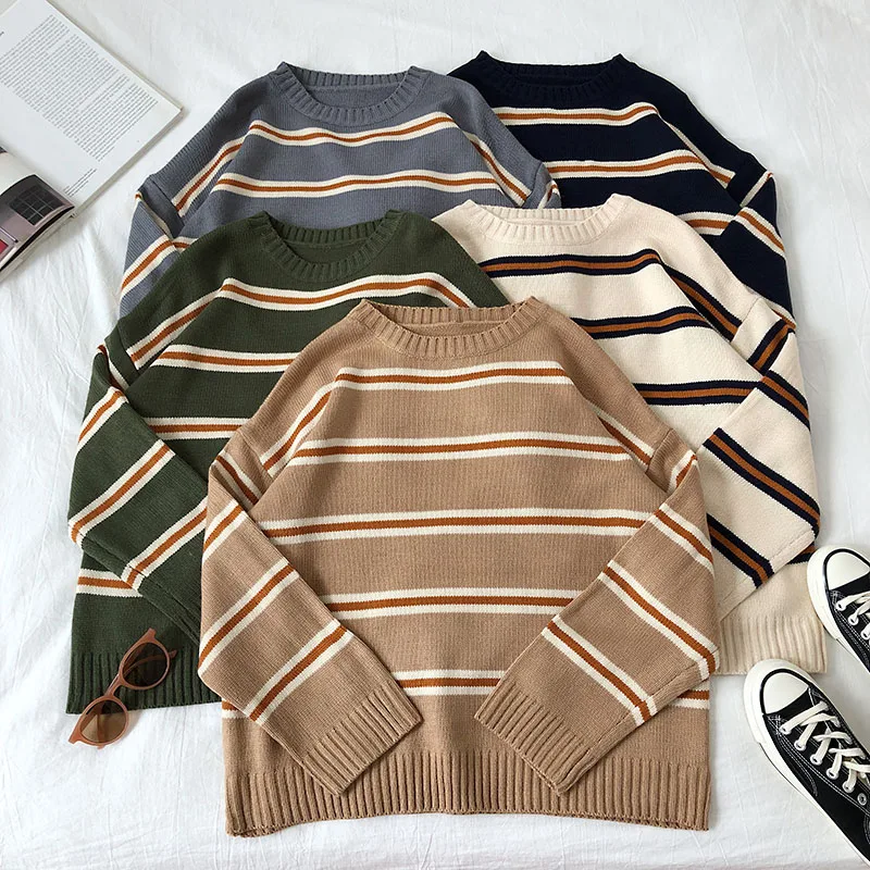 

Vintage Stripe Sweaters Women Loose Oversize Korean Style Pullover Tops Autumn Winter Long Sleeve Knitted Sweater Femme