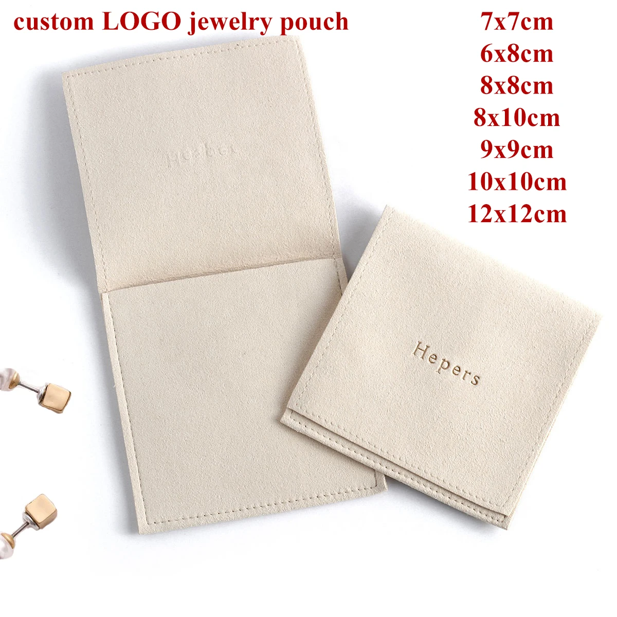 100pcs/Lot Custom Logo Jewelry Pouches Flap Small Bags Jewelries Case Earrings Ring Necklace Beige Pouch Business Logo Name Bag