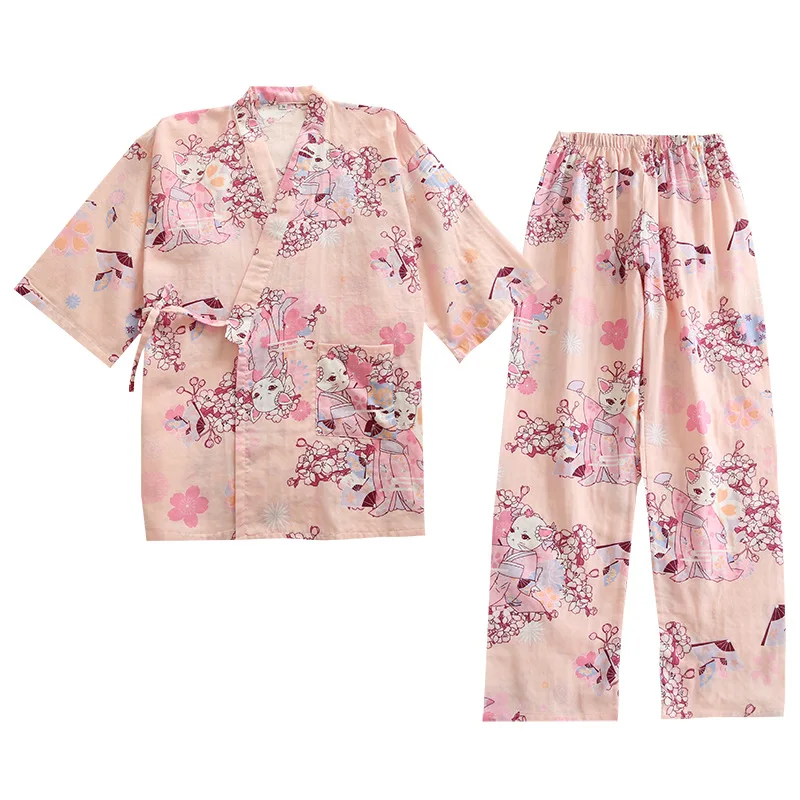 

Женские длинные брюки в стиле кимоно с длинными рукавами, милая Домашняя одежда, пижамы розового и синего цветов