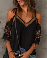 2022 women summer contrast lace cold shoulder blouse top sexy lady fashion v neck half sleeve sheer mesh shirts robe femme