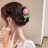 korean fashion 3d pink tulip hair claws clip for women girls summer shark clip hair accessories simple rear hairpin gripper