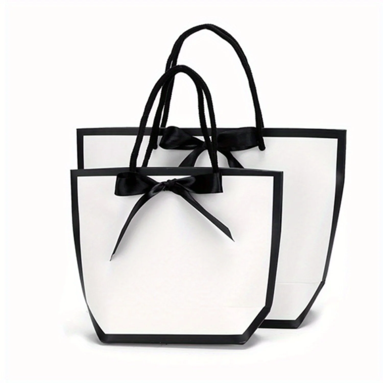 10 Pcs Elegant White Paper Gift Bags with Black Border and Bow Ribbon - Perfect for Shopping Parties Special Occasions