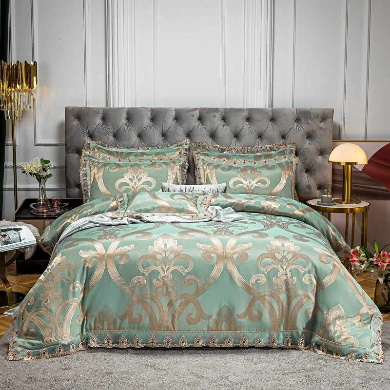 

New Satin Jacquard Luxury Euro Bedding Soft Silky Double Duvet Cover Bed Fitted Sheet Set Pillowcases Bedroom Comforter