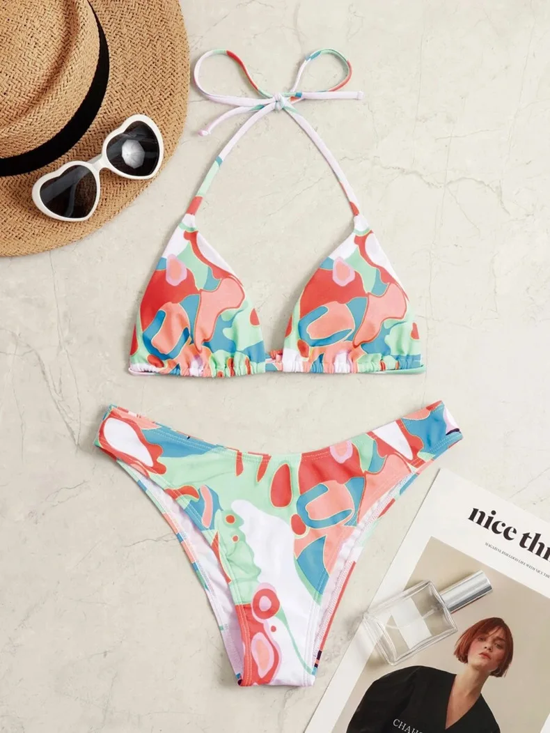 

2022 new style split pink strap cute print bikini small fresh swimsuit