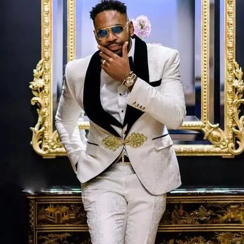 

Floral Pattern Groom Tuxedo for Wedding Dinner Slim Fit Men Suits with Black Velvet Lapel 3 Pieces African Fashion Costume 2022