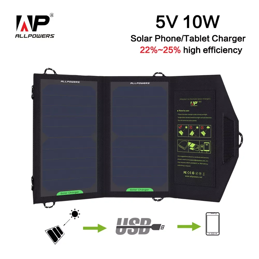

2023ALLPOWERS Solar Panel Charger USB Output 5V 10W Waterproof Backpack Mobile Power Bank for Phone Battery Foldable Solar Cells