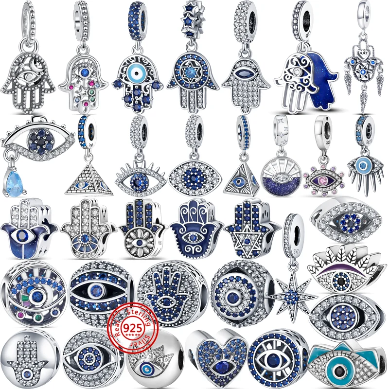 

Fit Original Pandora Charms Bracelet Women Jewelry Authentic 925 Sterling Silver Blue Demon Eyes Palm Series Pendant Round Beads