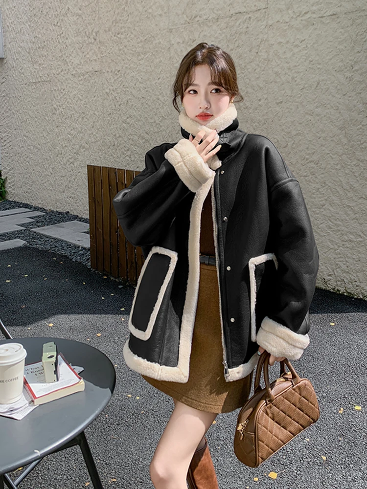 Зима 2024 утолщенная флисовая куртка из меха ягненка женская мотоциклетная