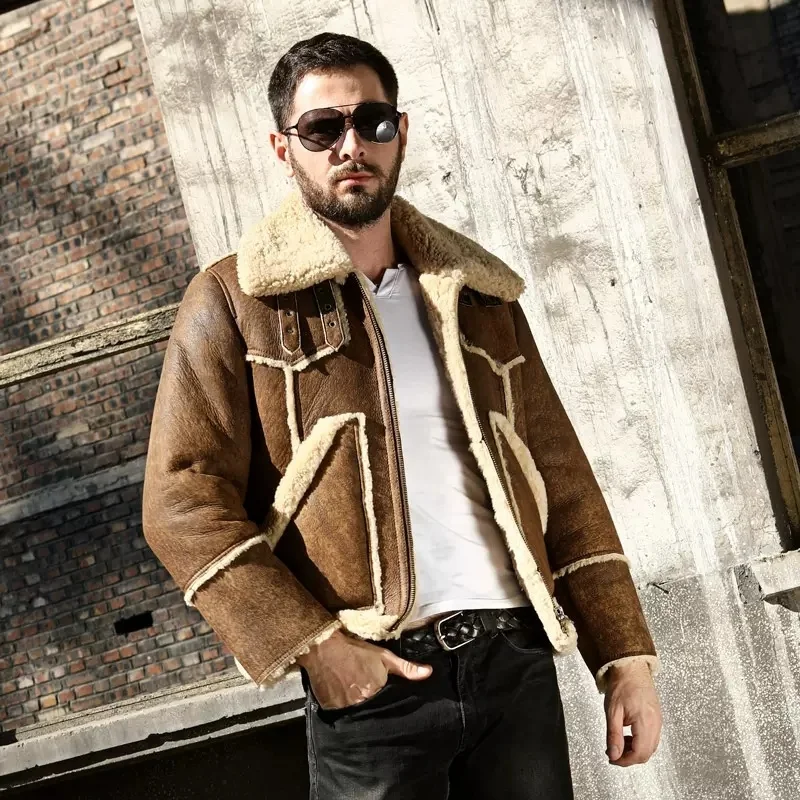 

Sheepskin Genuine Leather Coat Shearling Male B3 Bomber Jacket Aviator Outerwear Trench Flight Men Thick Winter Short Jacket