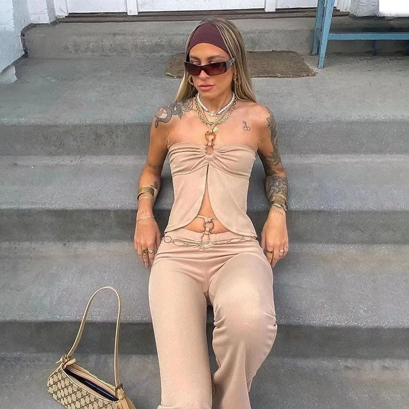 

Fashion Summer Streetwear Y2k Halter Neck Strap Small Sleeveless Vest Slim Low Waist Pants Khaki Trousers Suit Female Clothing