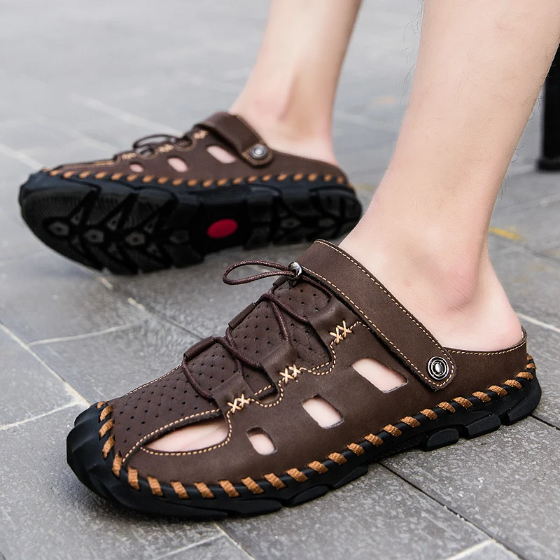 

Sandals, male, 2022 new amphibious leather baotou drive the tide beach hole hole outdoor wear cool slippers personality