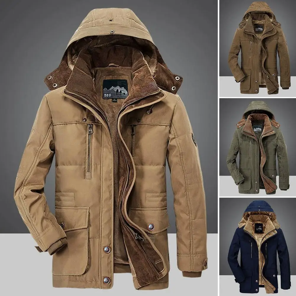 Men Coat Long Sleeve Winter Zipper Vintage Detachable Hood Parkas   Men Parkas  for Daily Wear