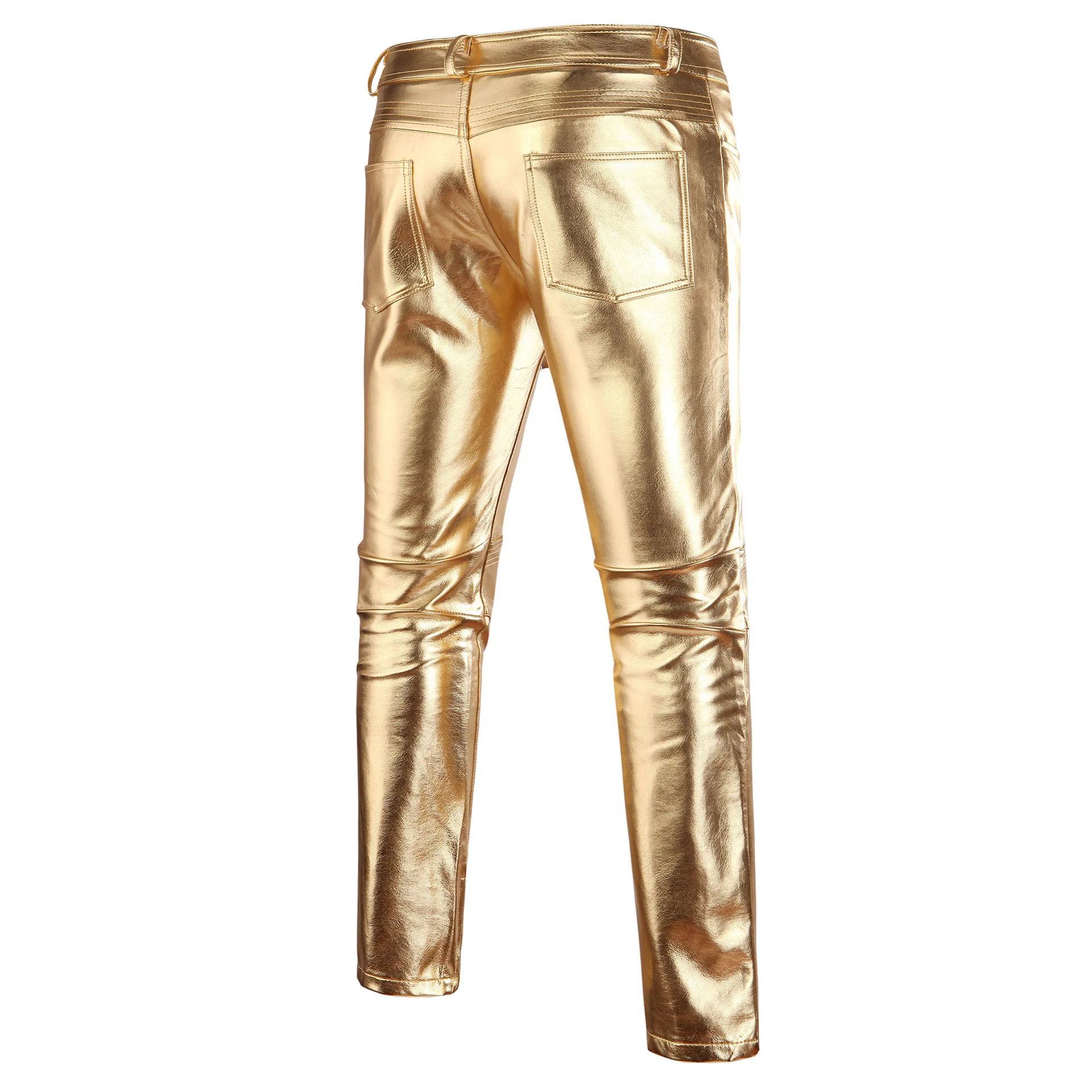 

Mens Skinny Shiny Gold Silver Black PU Leather Pants Motorcycle Men Nightclub Stage Pants for Singers Dancers Casual Trousers