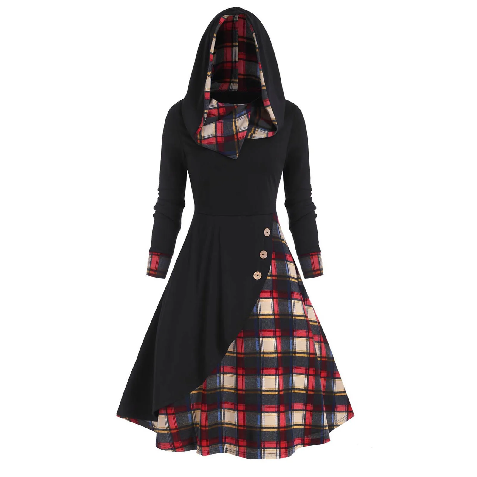 

Women Long Sleeve Vintage Plaid Color Block Splic Button Hoodie Dress Ladies Casual Swing Loose Pullover Party Layered Dress