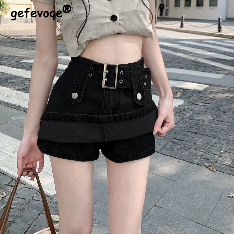 Sexy Gothic Punk Denim Micro Skirt Women Y2K Skort Summer Korean Belt High Waist Slim Black Jeans Shorts Skirt Girl Streetwear